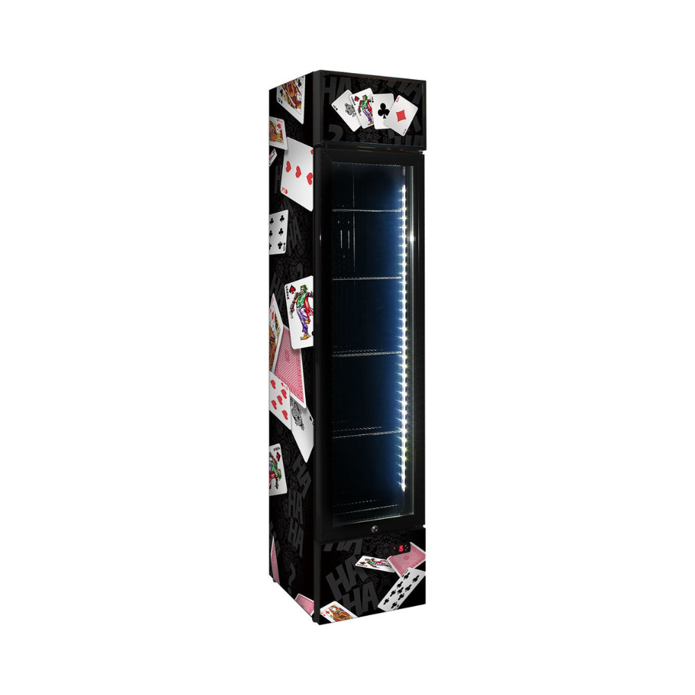Branded Skinny Upright Bar Fridge With 'Joker' Playing Card Design