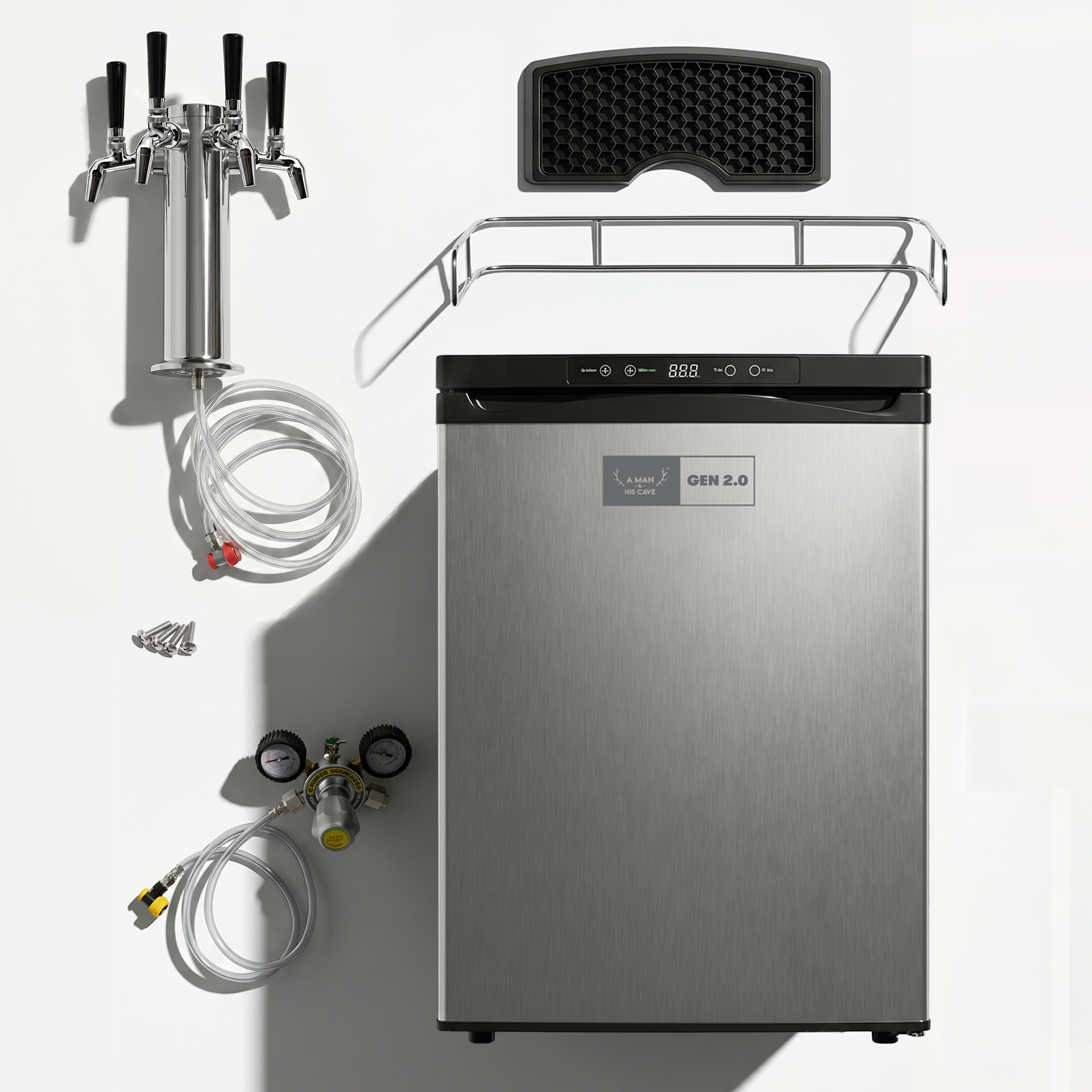 GEN 2.0 Kegerator Quadruple Tap bundle, fridge plus tap font, drip tray, top rail, CO2 regulator and lines