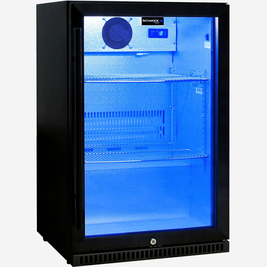 Schmick Black Bar Fridge Tropical Rated With Heated Glass and Triple Glazing 1 Door Model SK118R-B