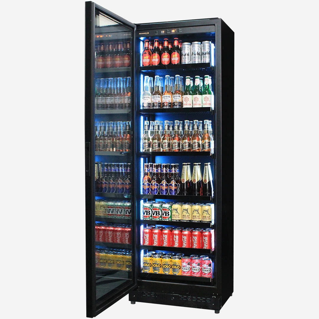Upright Super Slim Depth Quiet Running Glass Front Beer Fridge With 5 x LED Colour Options