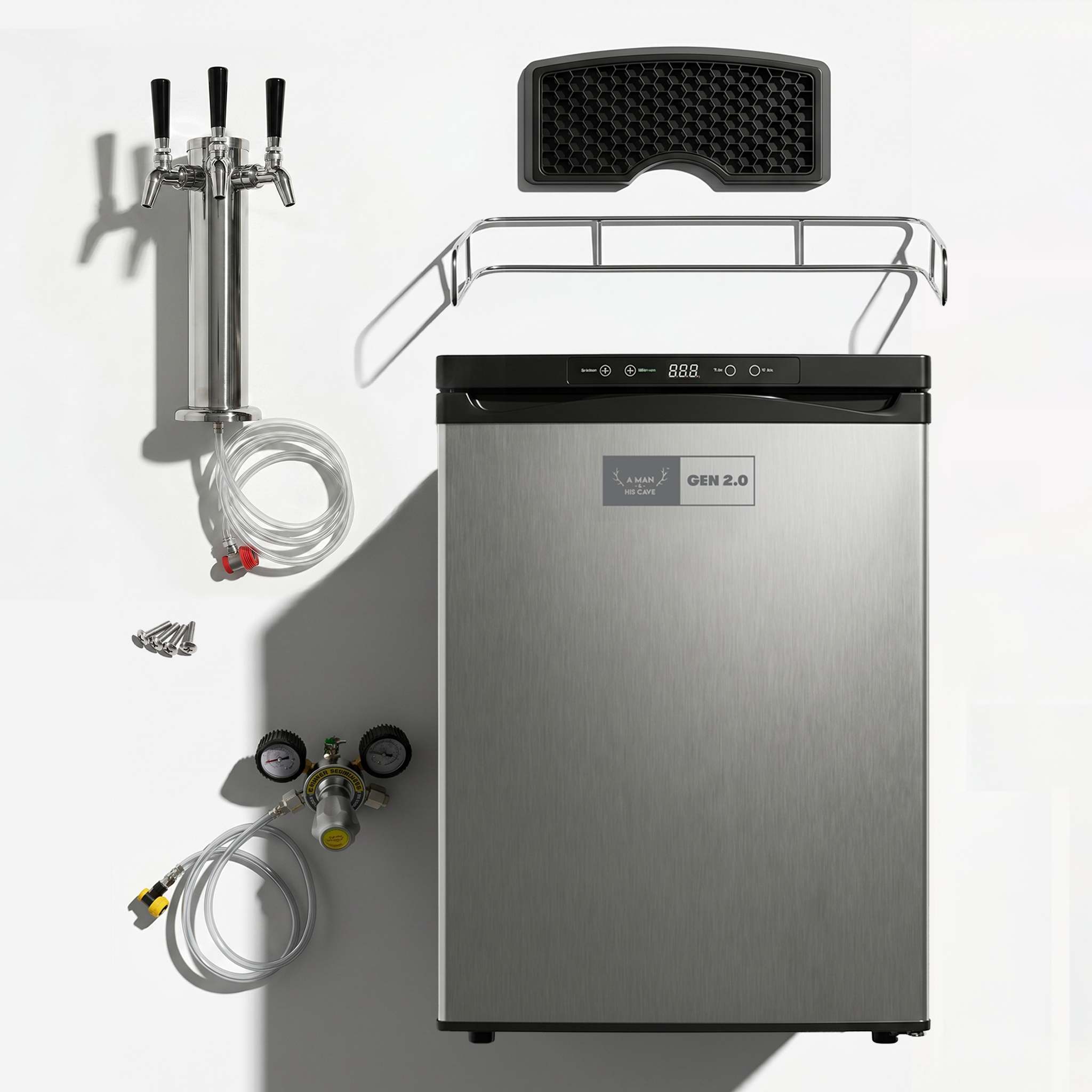 GEN 2.0 Kegerator Triple Tap bundle, fridge plus tap font, drip tray, top rail, CO2 regulator and lines