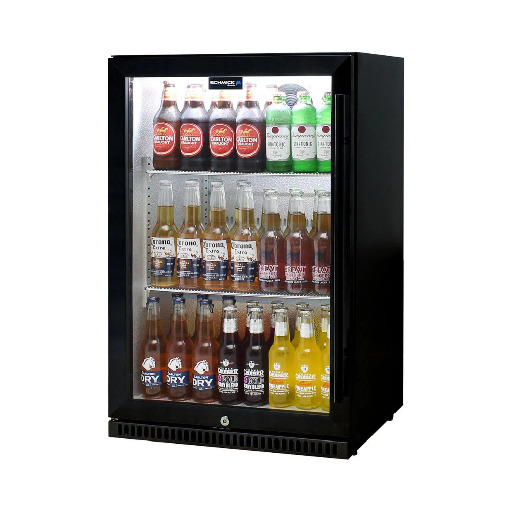 Schmick Black Bar Fridge Tropical Rated With Heated Glass and Triple Glazing 1 Door Model SK118L-B