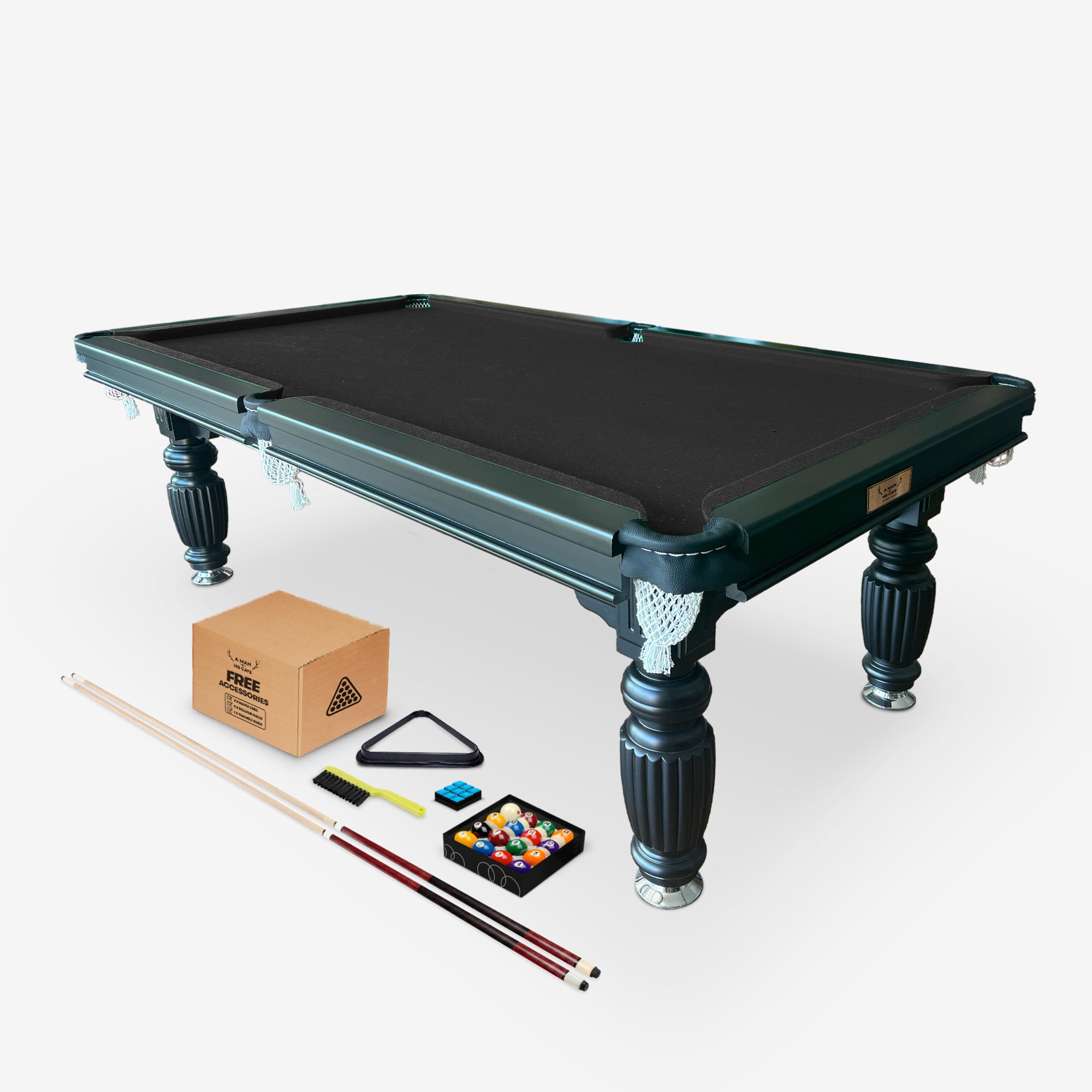 Solid Oak 8ft Slate Pool Table - Black Frame/Black Felt