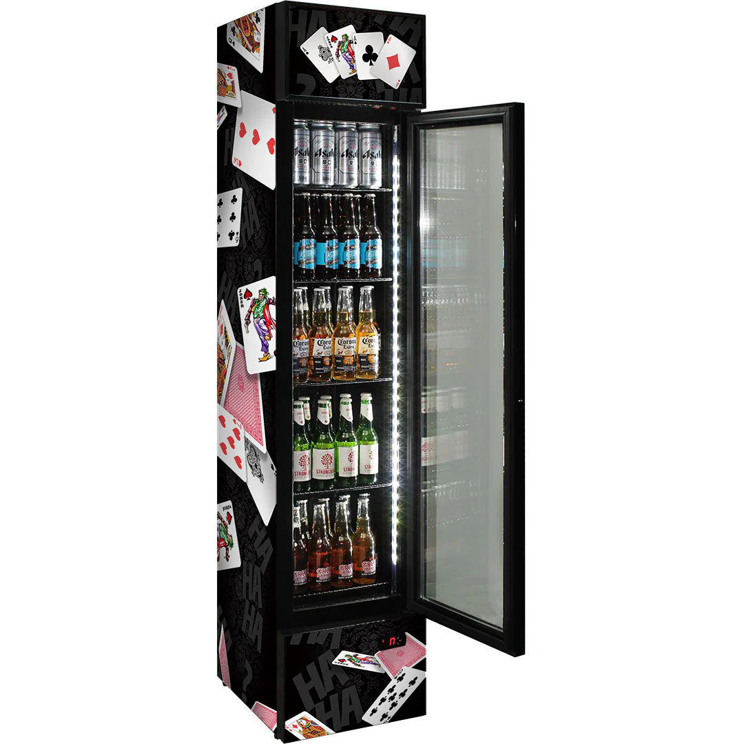 Branded Skinny Upright Bar Fridge With 'Joker' Playing Card Design