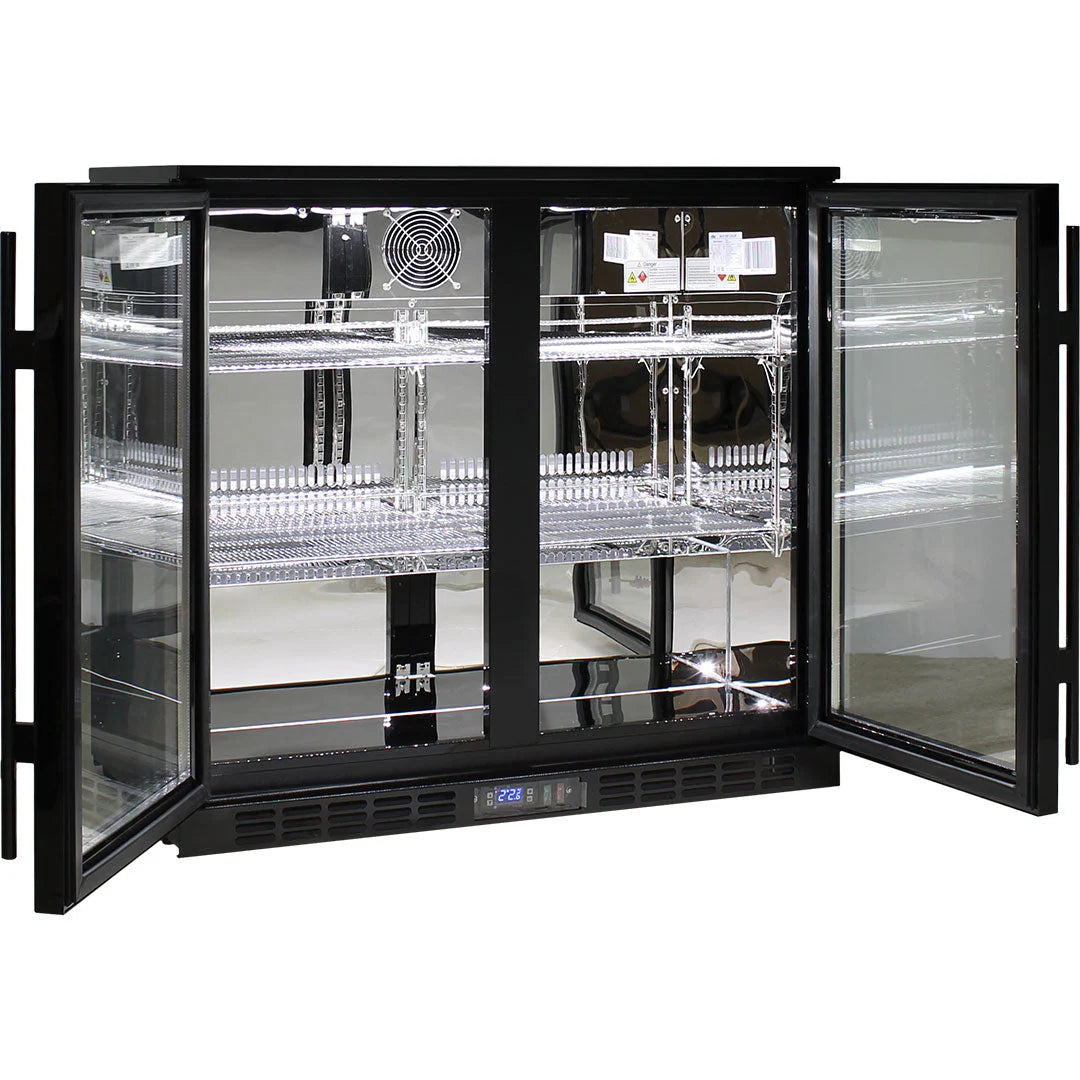 Commercial Under Bench Black Glass Double Door Bar Fridge Energy Efficient