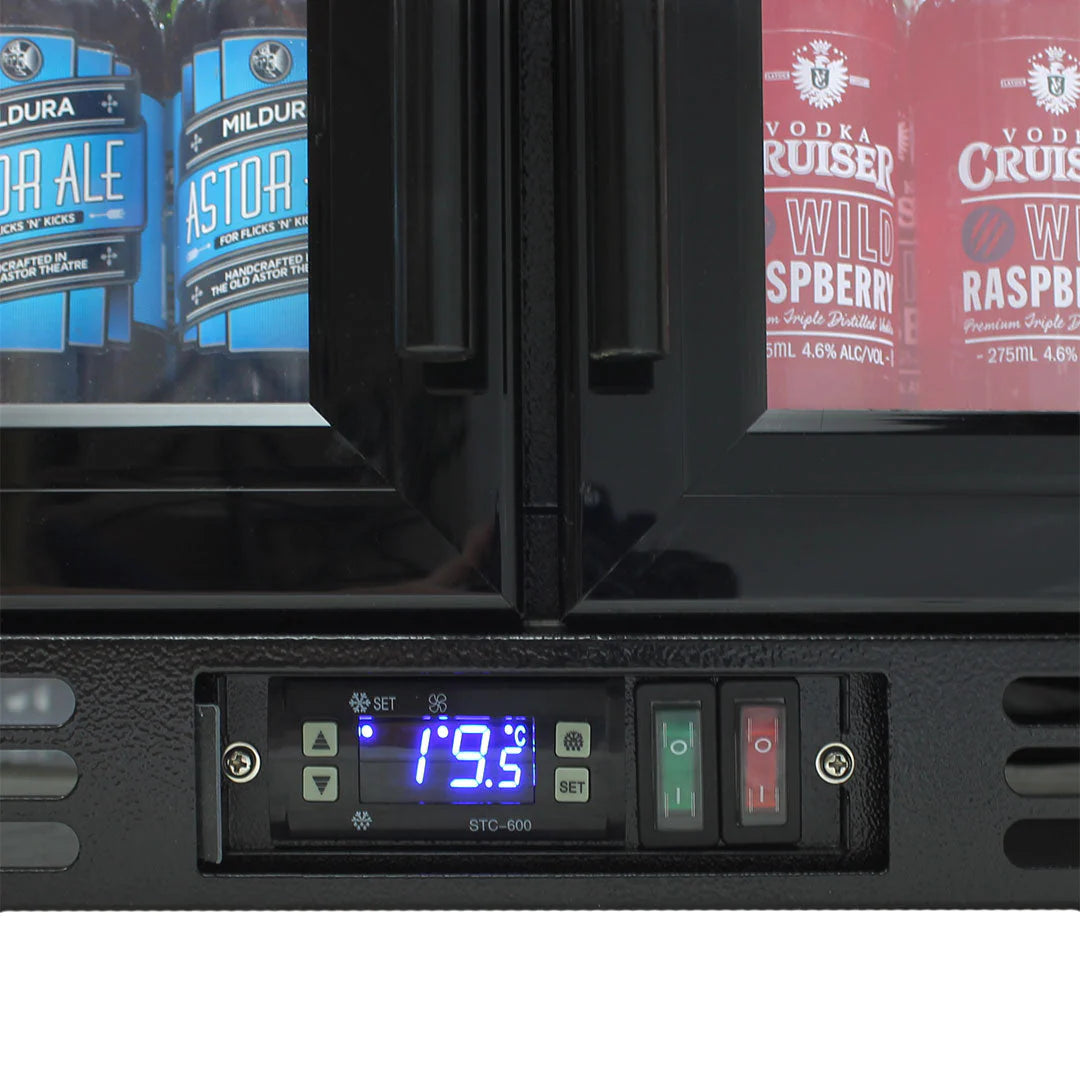 Commercial Under Bench Black Glass Double Door Bar Fridge Energy Efficient