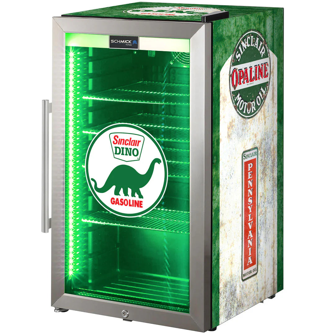 Dino Schmick Vintage Fuel Pump Triple Glazed Alfresco Bar Fridge With LED Strip Lights - Model HUS-SC88-FP-DINO