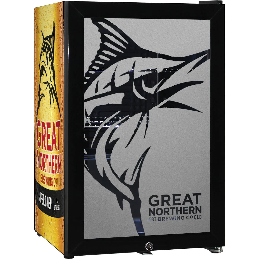 Great Northern Super Crisp Branded Glass Door Bar Fridge With Cool Frosted Door Logo