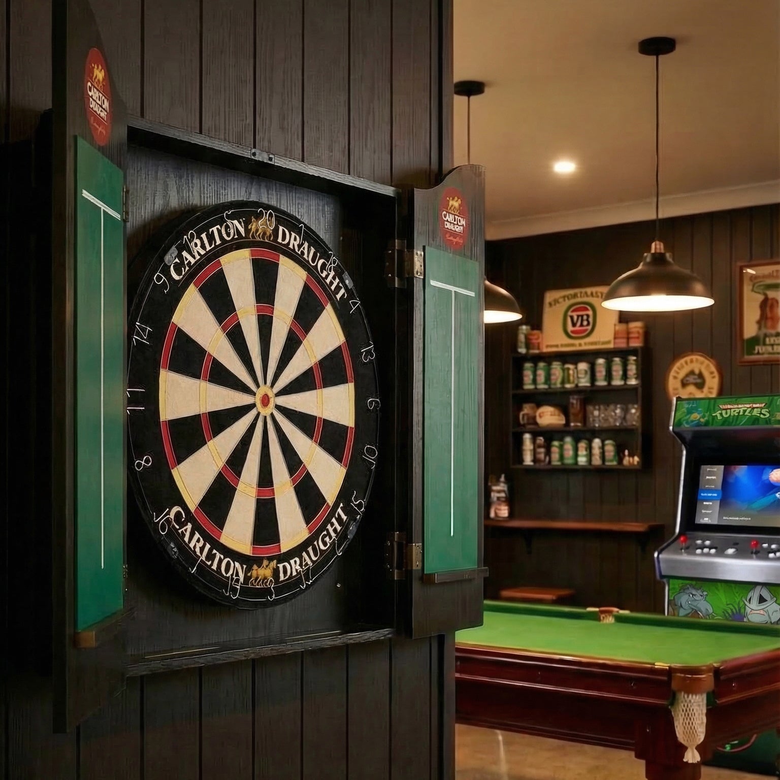 Carlton Draught Branded Dartboard with Cabinet (SHIPS IN 8 WEEKS)