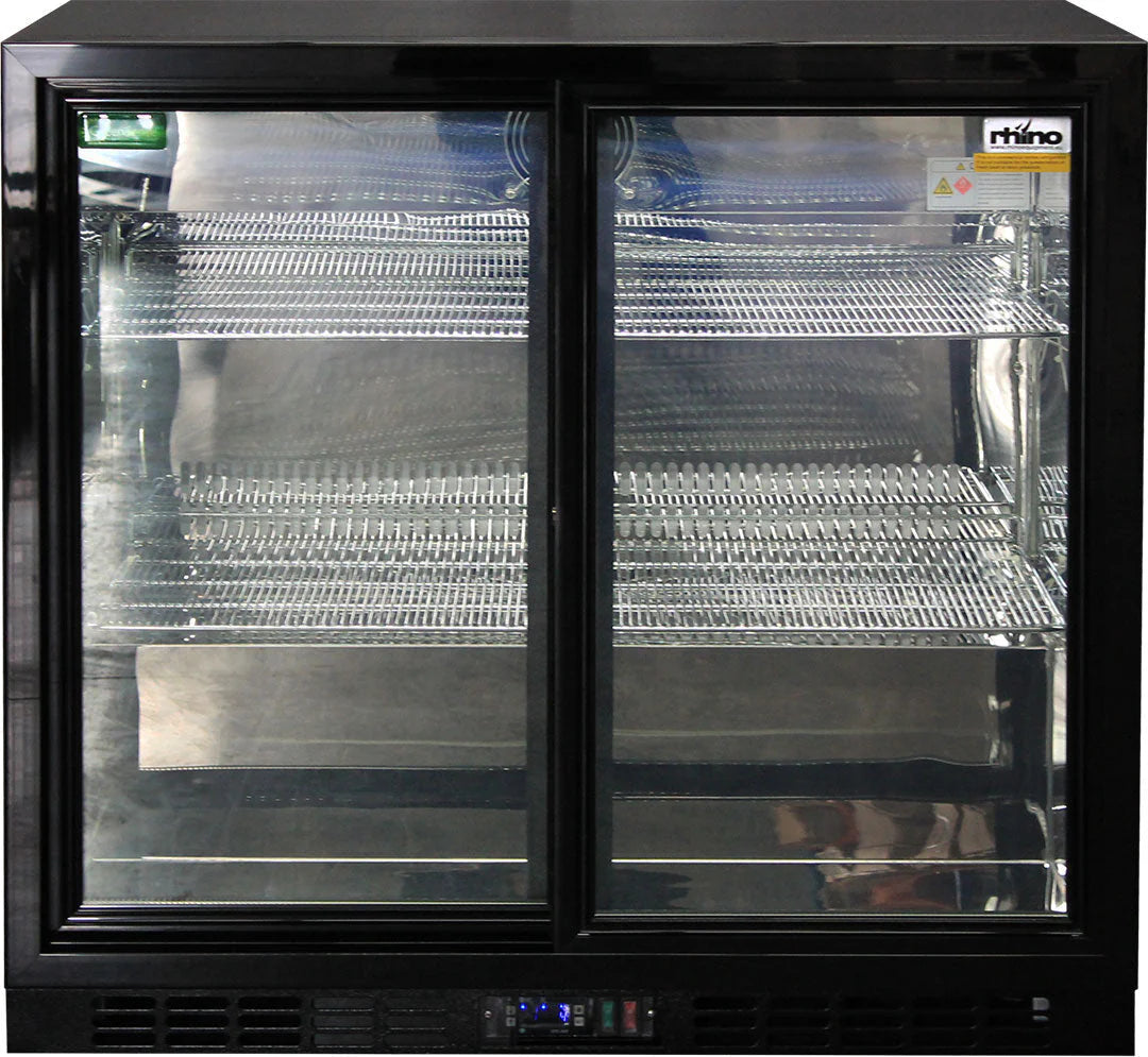 Rhino Black Glass Sliding Under Bench 2 Door Bar Fridge Energy Efficient LG Compressor