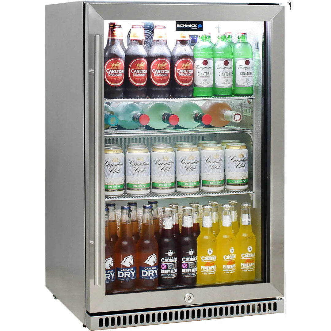 Schmick 304 Stainless Steel Bar Fridge Tropical Rated With Heated Glass and Triple Glazing 1 Door Model SK118R-SS