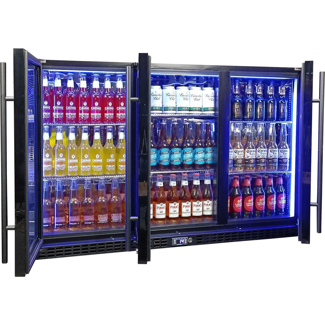 Schmick Black 3 Door Quiet Running Heated Glass Door Bar Fridge Model SK386-B-HD