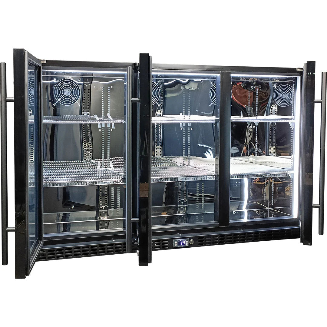 Schmick Black 3 Door Quiet Running Heated Glass Door Bar Fridge Model SK386-B-HD