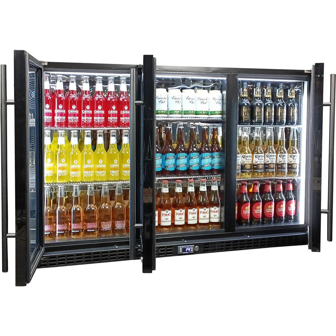 Schmick Black 3 Door Quiet Running Heated Glass Door Bar Fridge Model SK386-B-HD