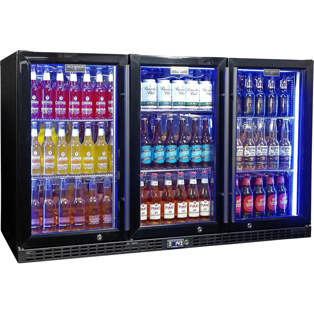 Schmick Black 3 Door Quiet Running Heated Glass Door Bar Fridge Model SK386-B-HD