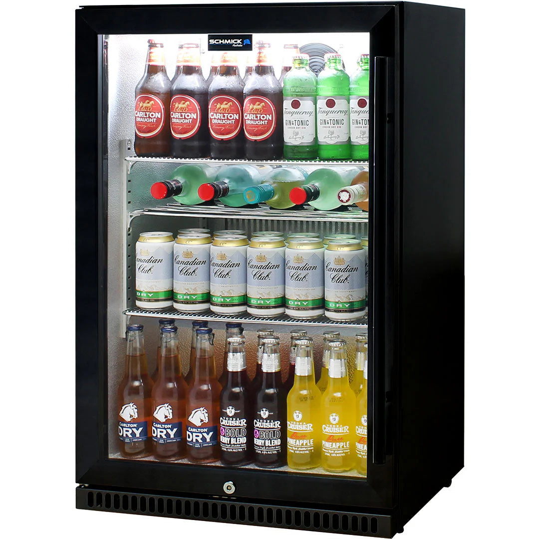 Schmick Black Bar Fridge Tropical Rated With Heated Glass and Triple Glazing 1 Door Model SK118L-B