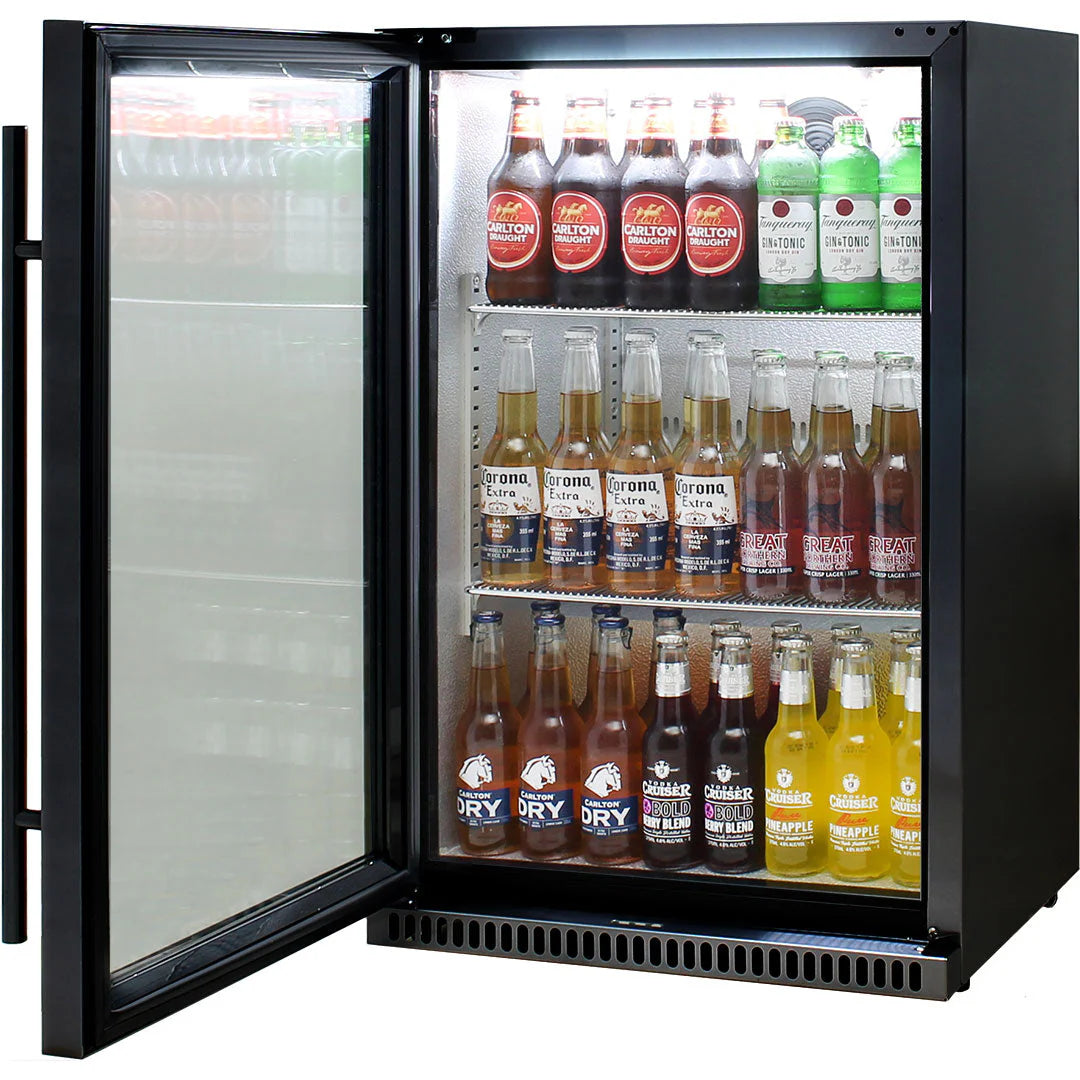 Schmick Black Bar Fridge Tropical Rated With Heated Glass and Triple Glazing 1 Door Model SK118L-B