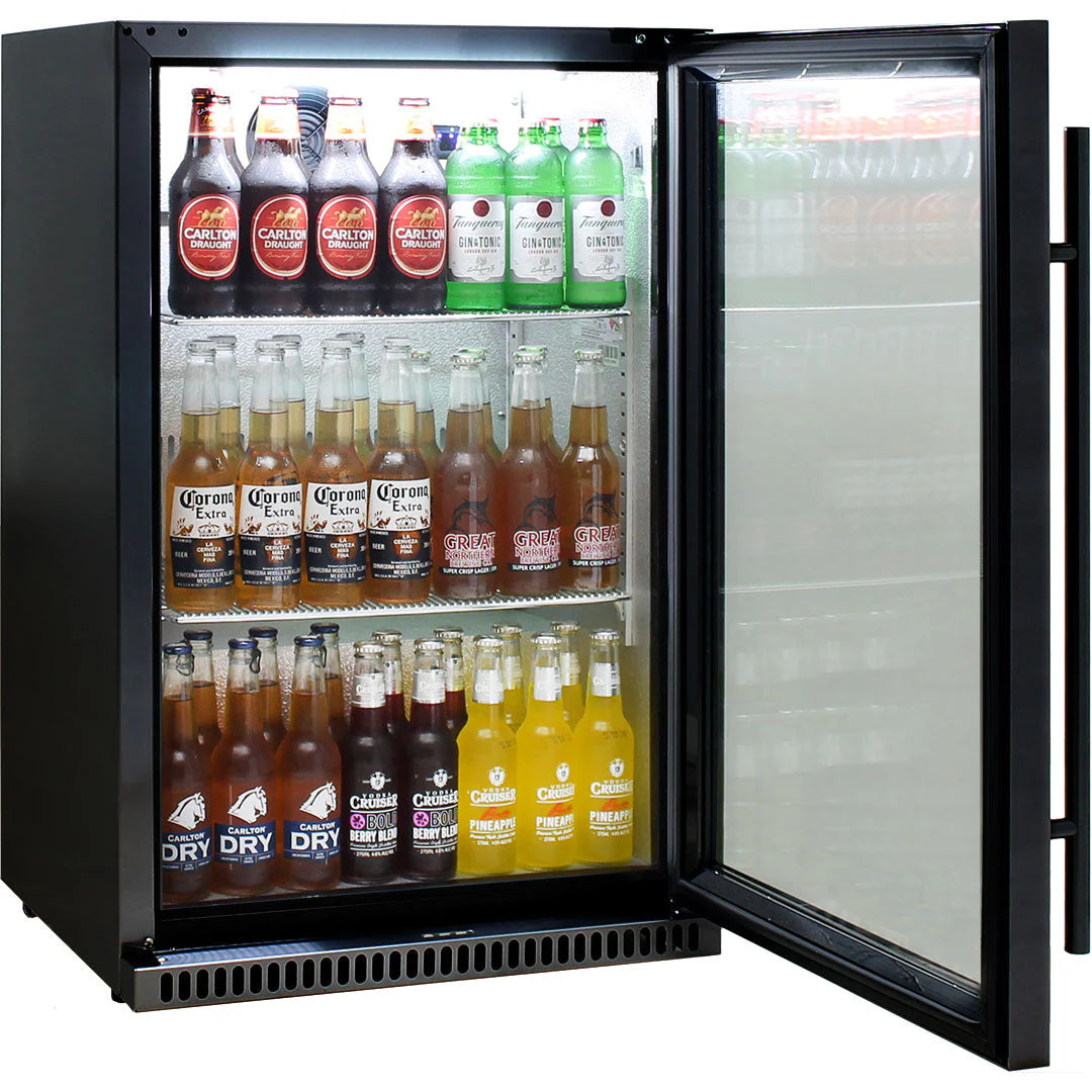 Schmick Black Bar Fridge Tropical Rated With Heated Glass and Triple Glazing 1 Door Model SK118R-B