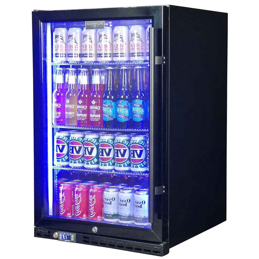 Schmick Black Quiet Front Venting Under Bench Heated Glass Door Bar Fridge Model SK146L-B-HD (ON BACK ORDER END SEPT)