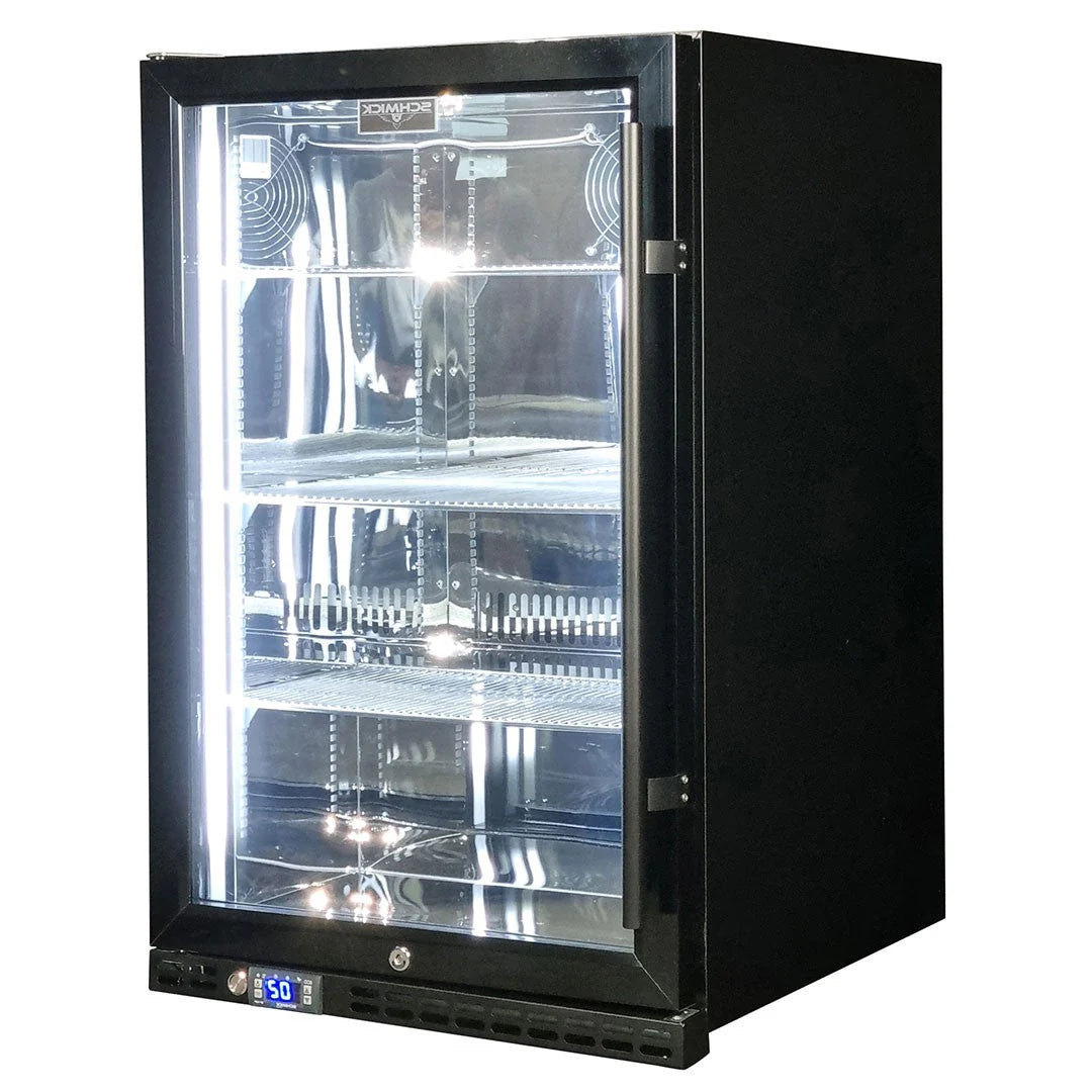 Schmick Black Quiet Front Venting Under Bench Heated Glass Door Bar Fridge Model SK146L-B-HD (ON BACK ORDER END SEPT)