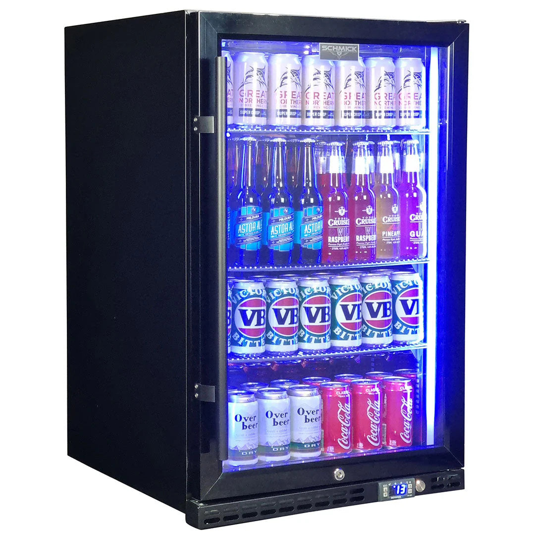 Schmick Black Quiet Front Venting Under Bench Heated Glass Door Bar Fridge Model SK146R-B-HD