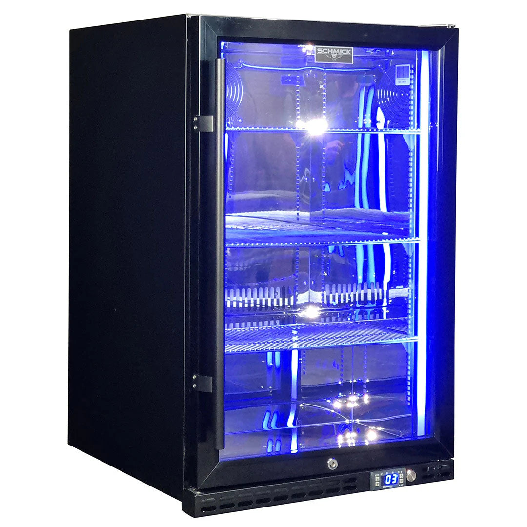 Schmick Black Quiet Front Venting Under Bench Heated Glass Door Bar Fridge Model SK146R-B-HD