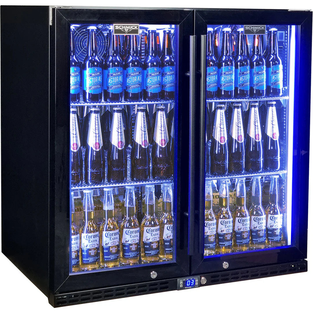 Schmick Black Quiet Running Front Venting Under Bench Heated Glass 2 Door Bar Fridge Model SK245-B-HD (ON BACKORDER FOR LATE JUNE)