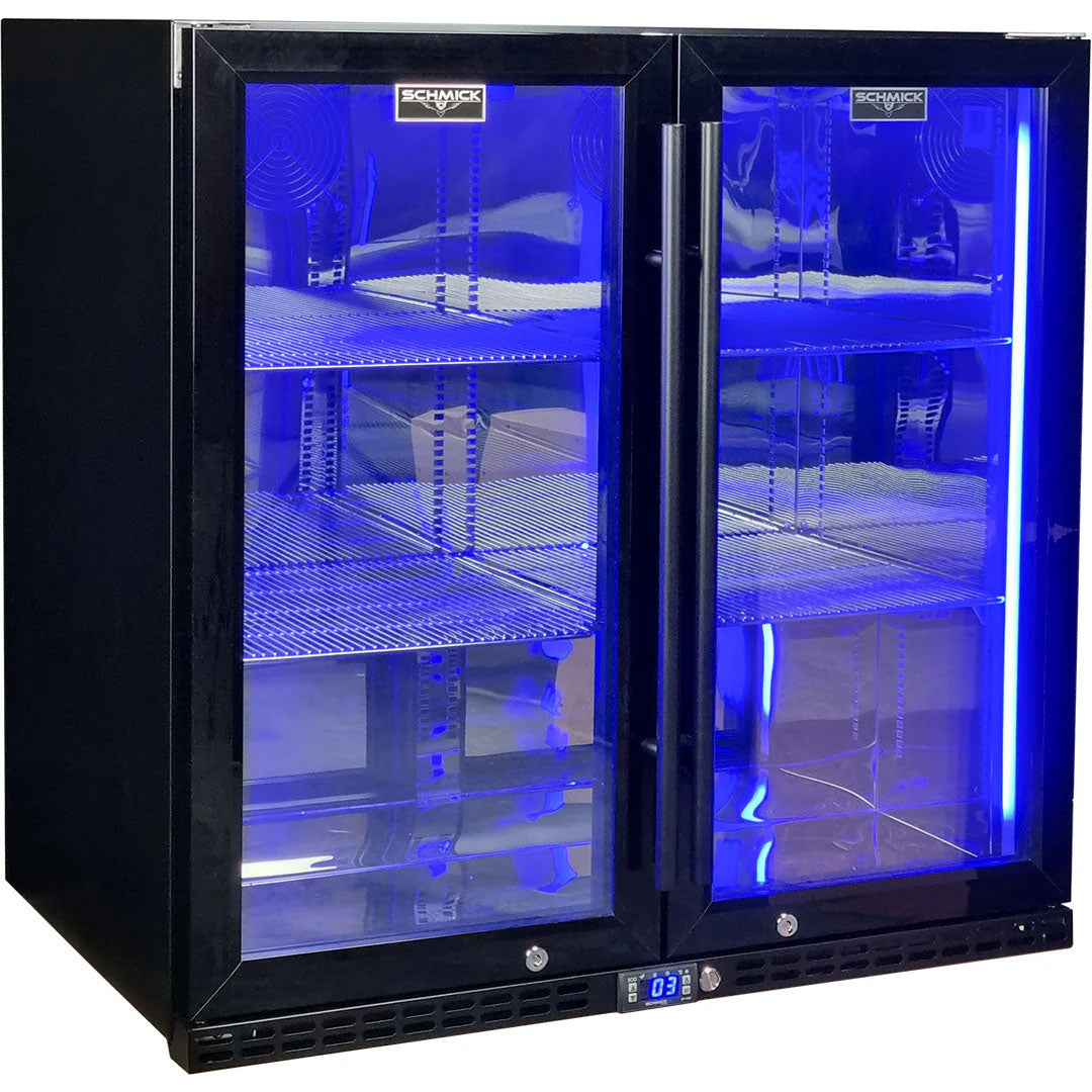 Schmick Black Quiet Running Front Venting Under Bench Heated Glass 2 Door Bar Fridge Model SK245-B-HD (ON BACKORDER FOR LATE JUNE)