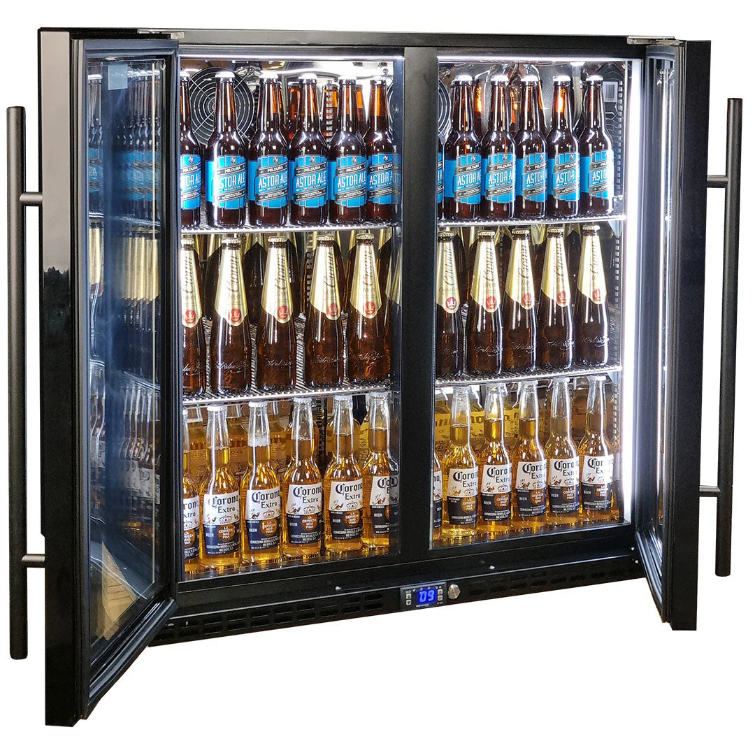 Schmick Black Quiet Running Front Venting Under Bench Heated Glass 2 Door Bar Fridge Model SK245-B-HD (ON BACKORDER FOR LATE JUNE)