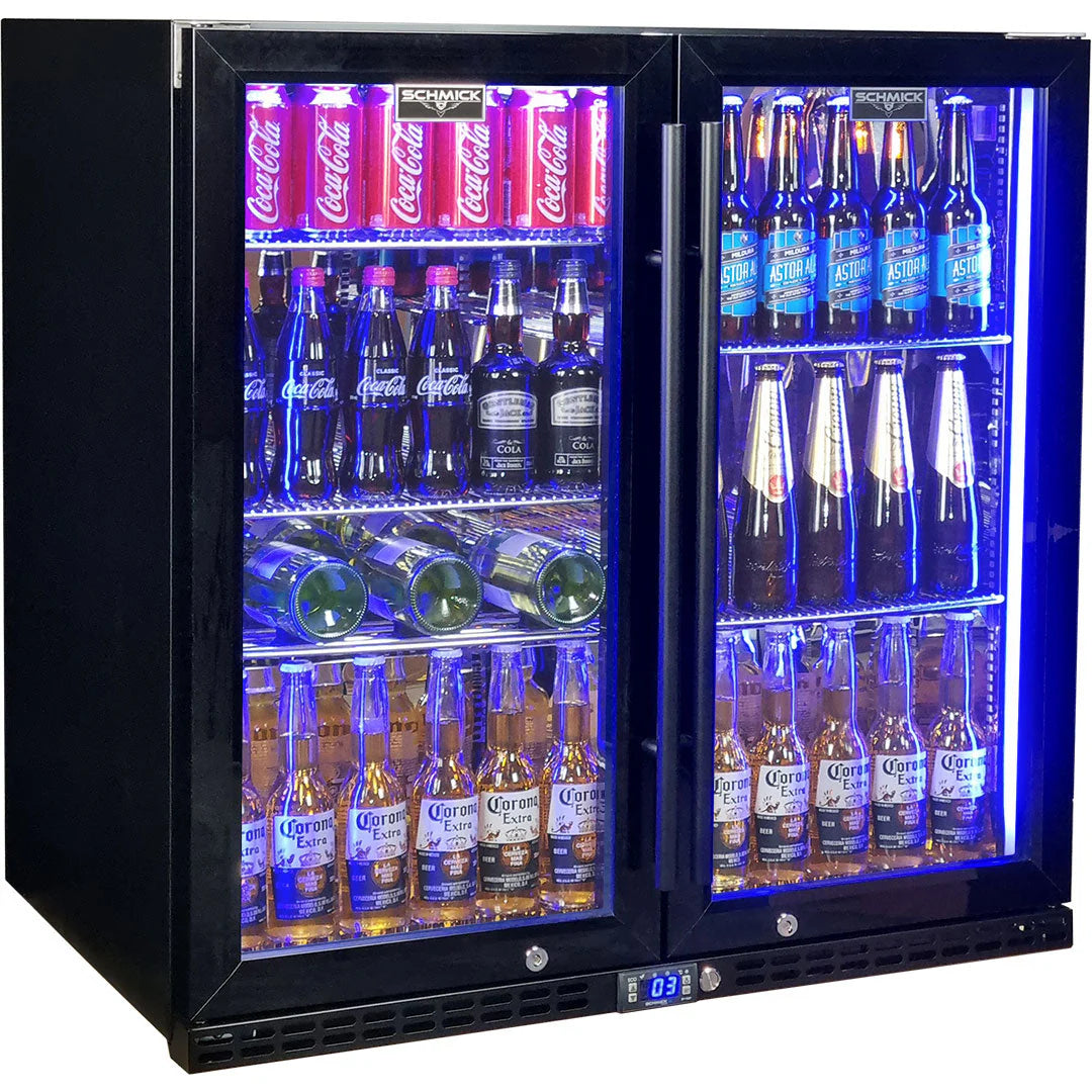 Schmick Black Quiet Running Front Venting Under Bench Heated Glass 2 Door Bar Fridge Model SK245-B-HD (ON BACKORDER FOR LATE JUNE)