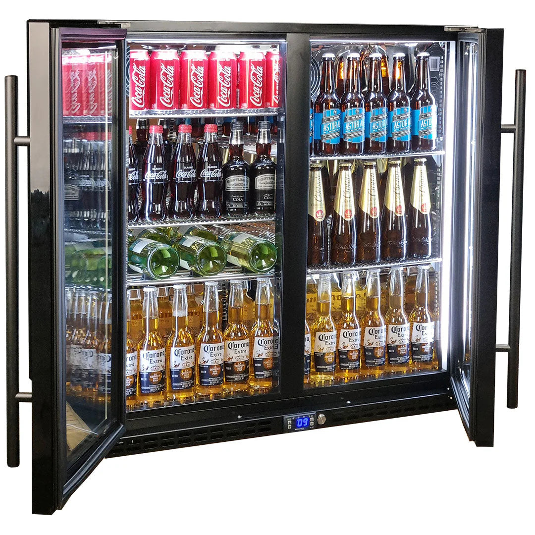 Schmick Black Quiet Running Front Venting Under Bench Heated Glass 2 Door Bar Fridge Model SK245-B-HD (ON BACKORDER FOR LATE JUNE)