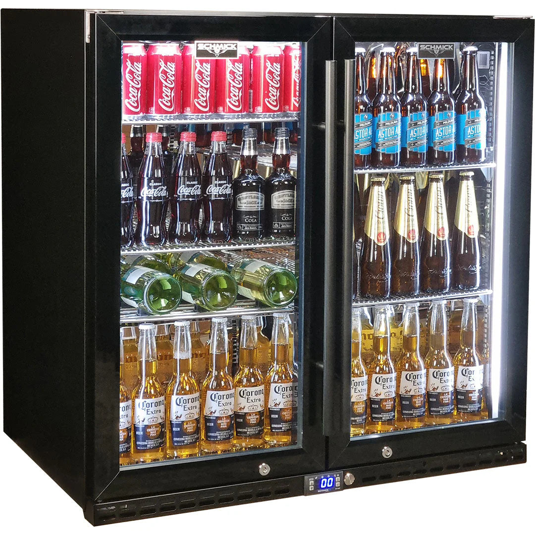 Schmick Black Quiet Running Front Venting Under Bench Heated Glass 2 Door Bar Fridge Model SK245-B-HD (ON BACKORDER FOR LATE JUNE)