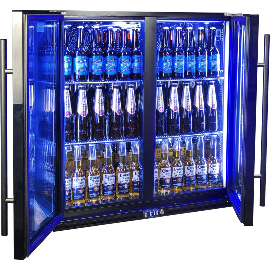 Schmick Black Quiet Running Front Venting Under Bench Heated Glass 2 Door Bar Fridge Model SK245-B-HD (ON BACKORDER FOR LATE JUNE)