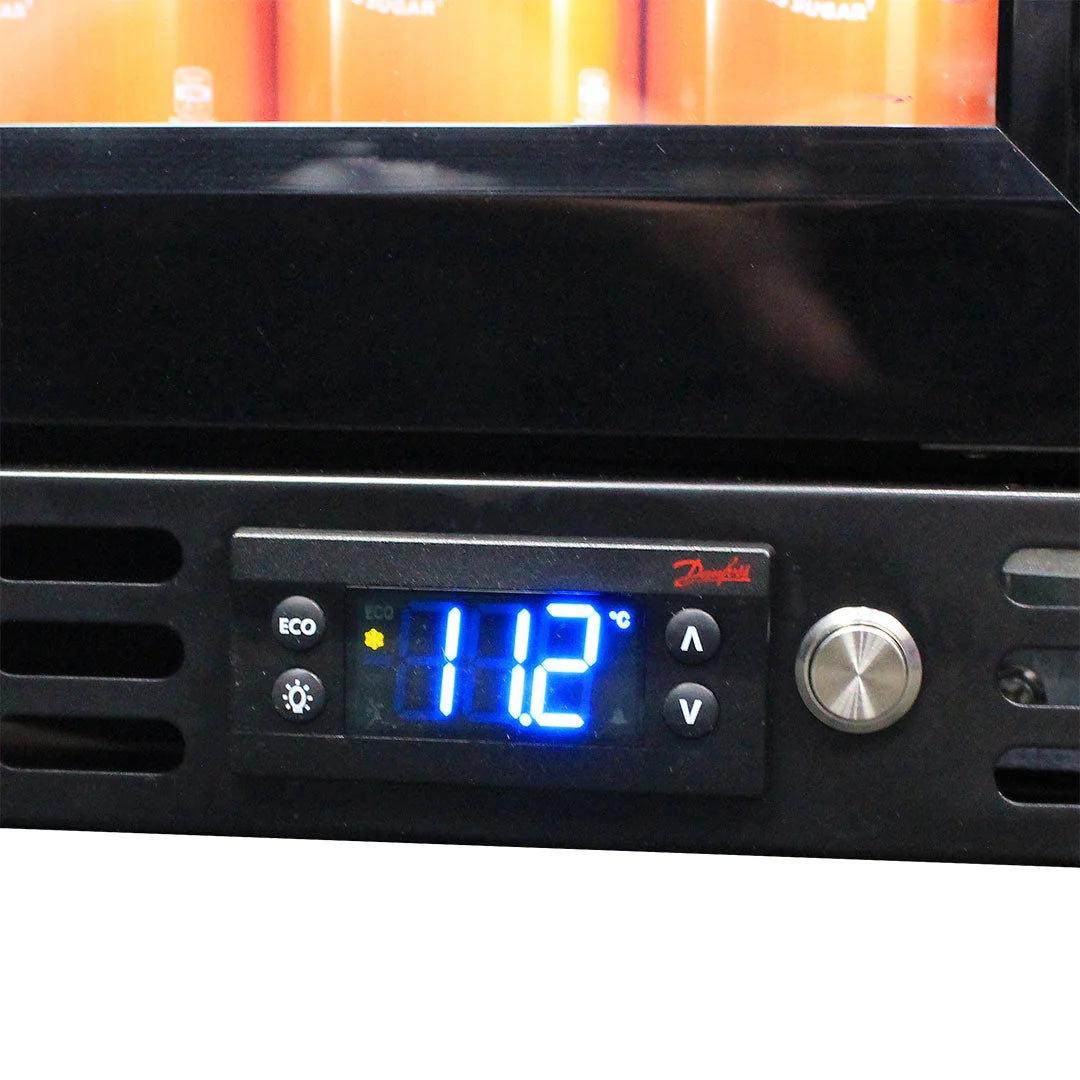 Schmick Black Quiet Running Front Venting Under Bench Heated Glass Door Bar Fridge Model SK92L-B-HD