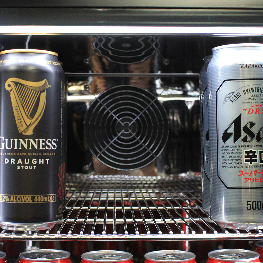 Schmick Black Quiet Running Front Venting Under Bench Heated Glass Door Bar Fridge Model SK92L-B-HD