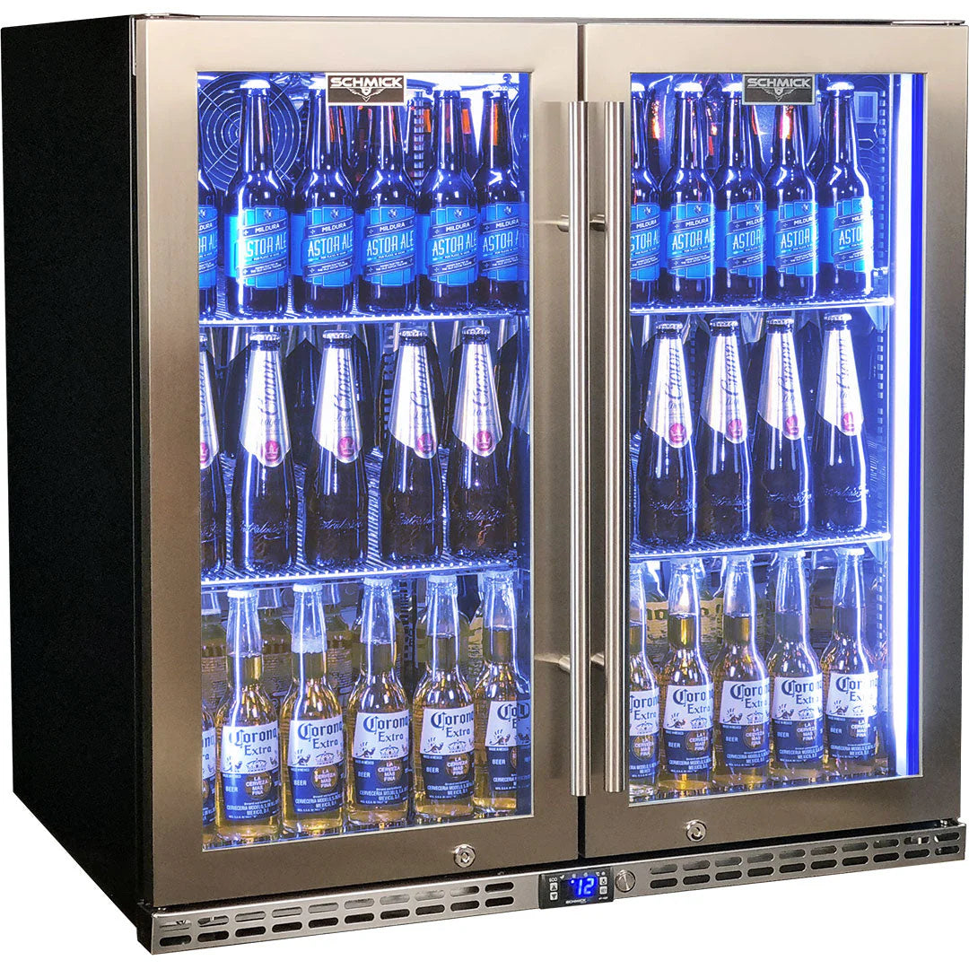 Schmick Quiet Running Front Venting Under Bench Heated Glass 2 Door Bar Fridge Model SK245-HD