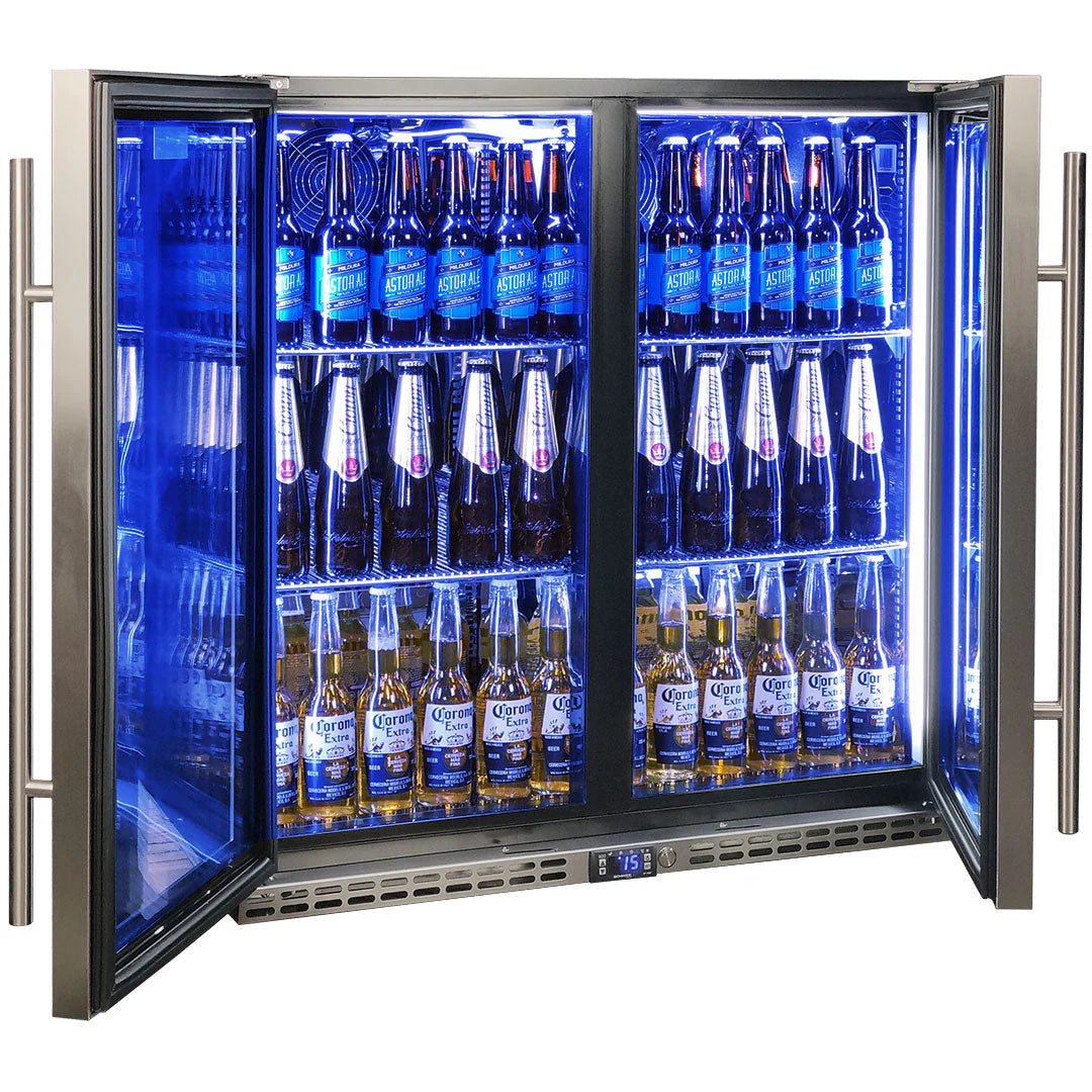 Schmick Quiet Running Front Venting Under Bench Heated Glass 2 Door Bar Fridge Model SK245-HD