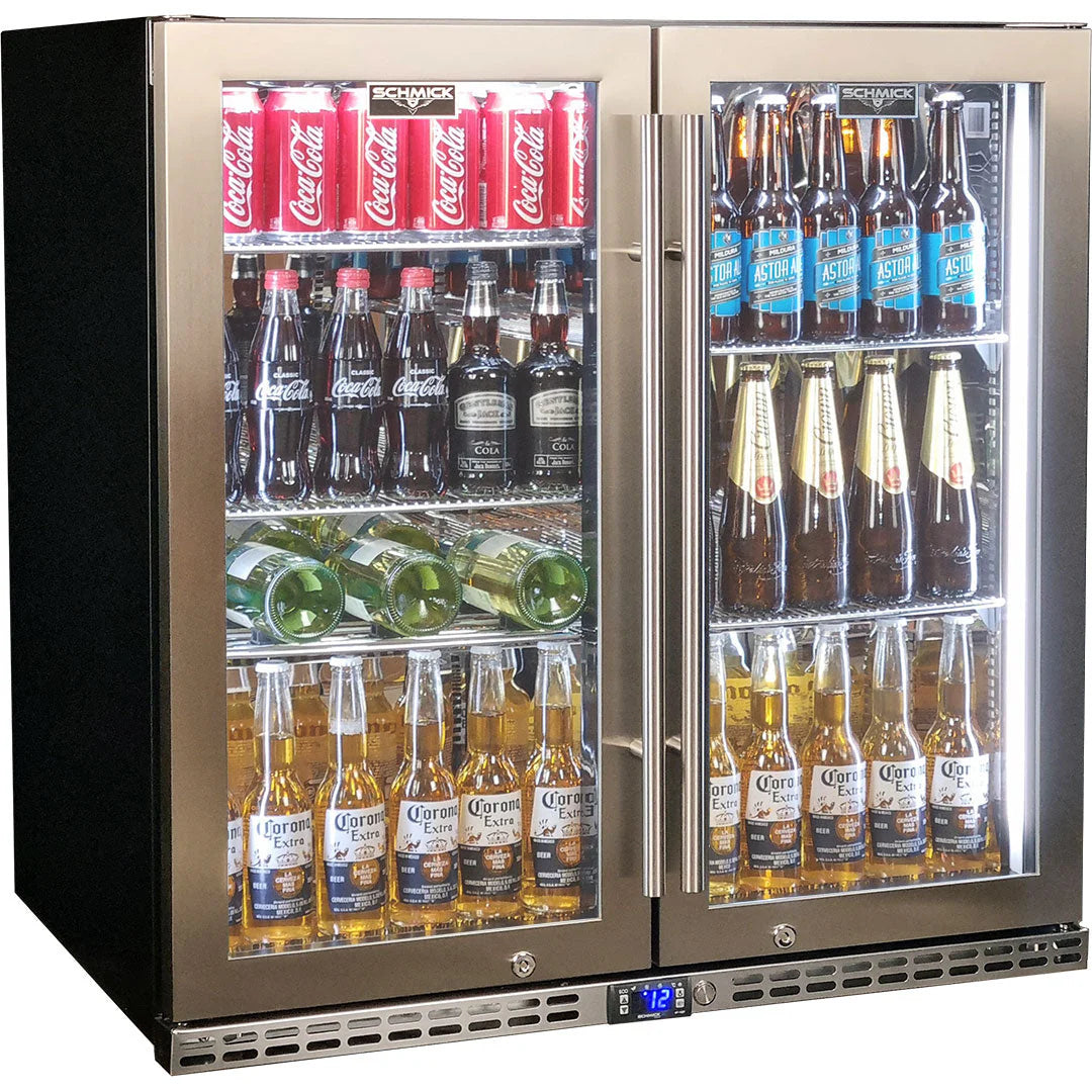 Schmick Quiet Running Front Venting Under Bench Heated Glass 2 Door Bar Fridge Model SK245-HD