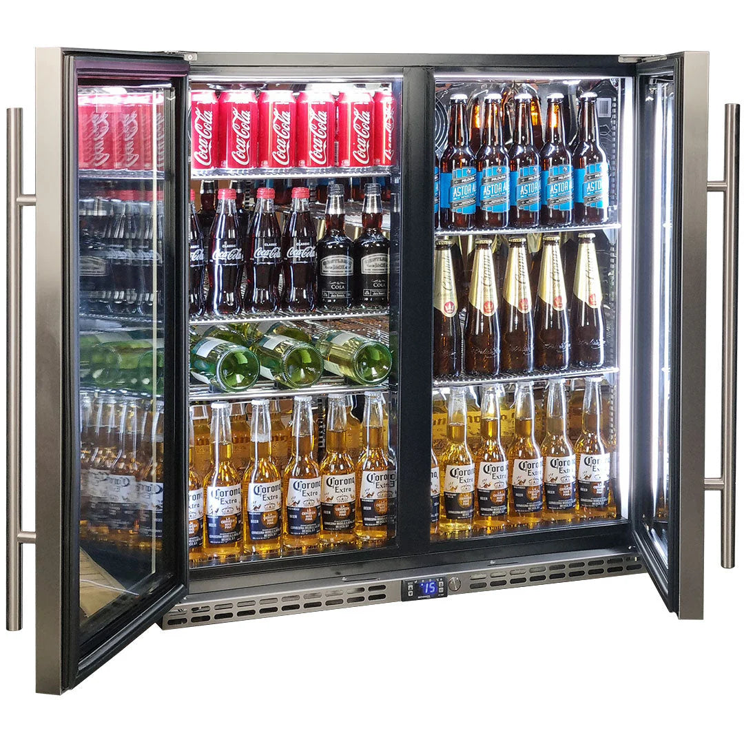 Schmick Quiet Running Front Venting Under Bench Heated Glass 2 Door Bar Fridge Model SK245-HD