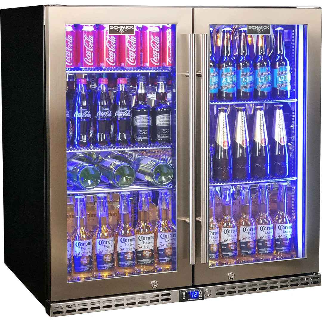 Schmick Quiet Running Front Venting Under Bench Heated Glass 2 Door Bar Fridge Model SK245-HD