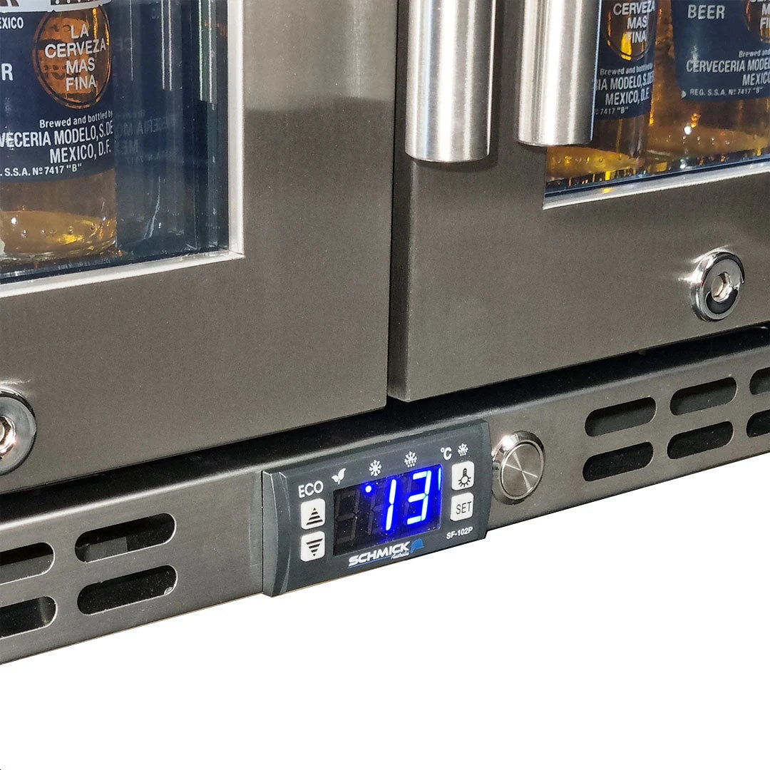 Schmick Quiet Running Front Venting Under Bench Heated Glass 2 Door Bar Fridge Model SK245-HD