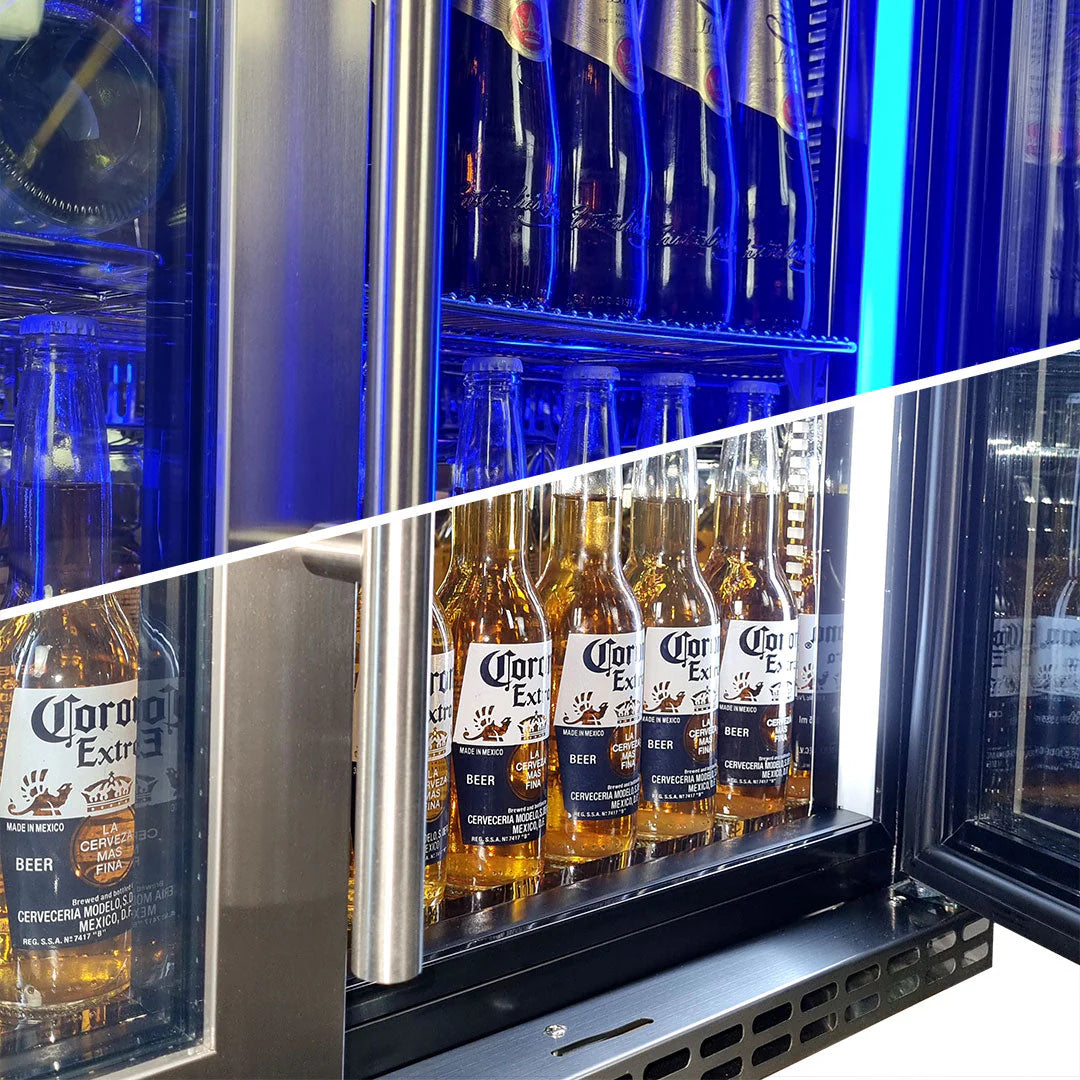 Schmick Quiet Running Front Venting Under Bench Heated Glass 2 Door Bar Fridge Model SK245-HD