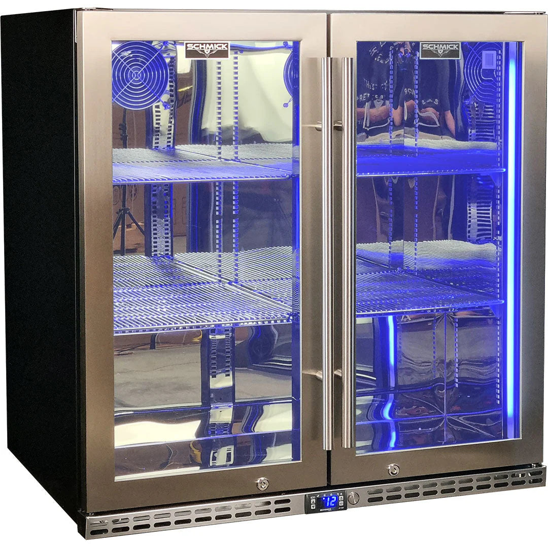 Schmick Quiet Running Front Venting Under Bench Heated Glass 2 Door Bar Fridge Model SK245-HD