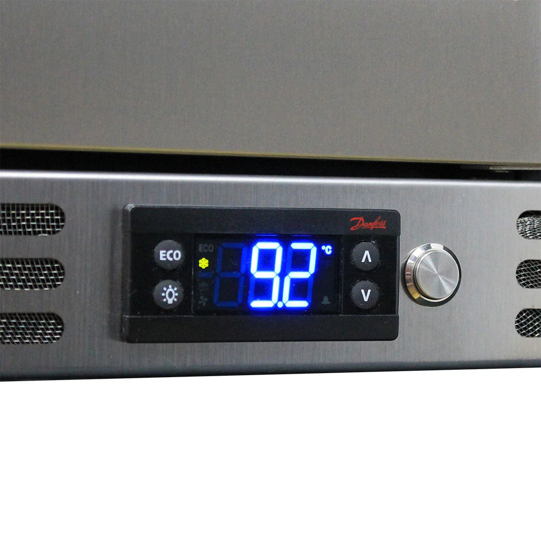 Schmick Quiet Running Front Venting Under Bench Heated Glass 2 Door Bar Fridge Model SK245-HD