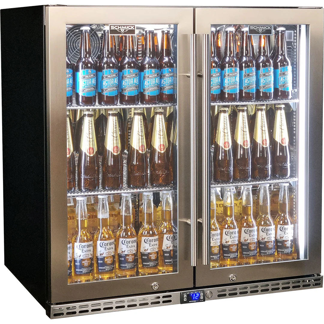 Schmick Quiet Running Front Venting Under Bench Heated Glass 2 Door Bar Fridge Model SK245-HD