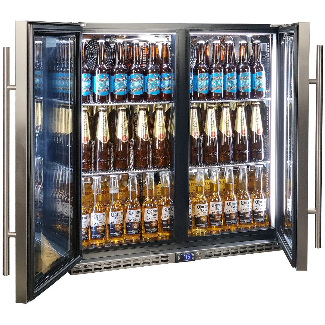 Schmick Quiet Running Front Venting Under Bench Heated Glass 2 Door Bar Fridge Model SK245-HD