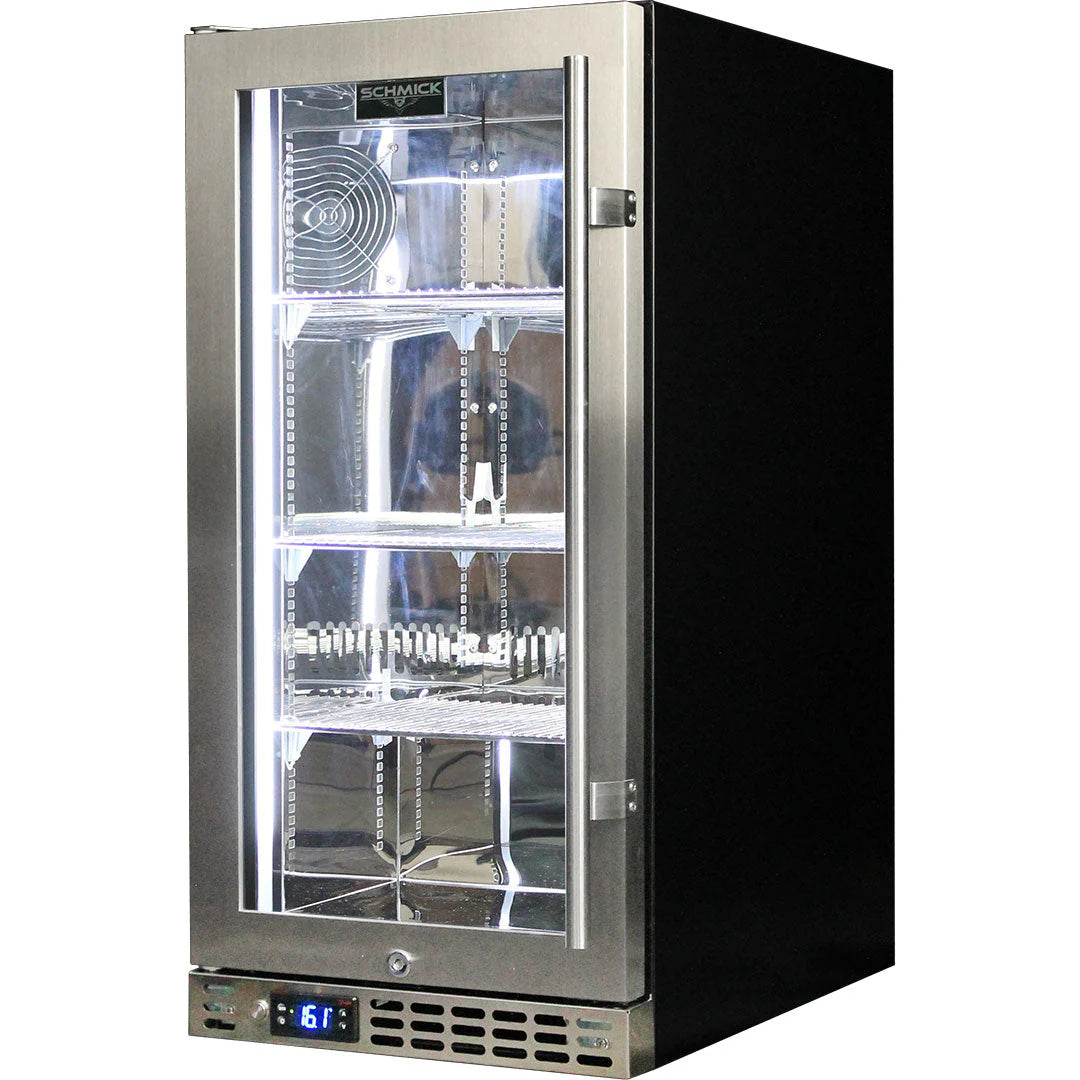 Schmick Stainless Quiet Running Front Venting Under Bench Heated Glass Door Bar Fridge Model SK92L-HD