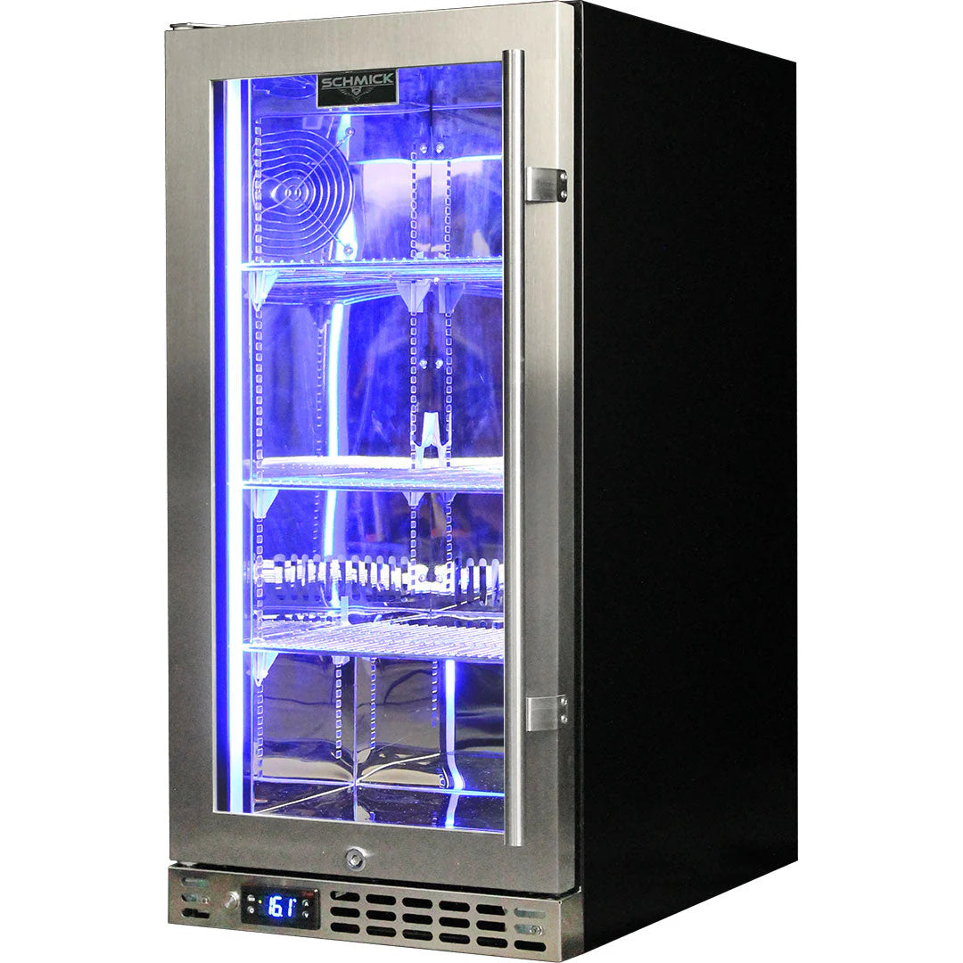 Schmick Stainless Quiet Running Front Venting Under Bench Heated Glass Door Bar Fridge Model SK92L-HD