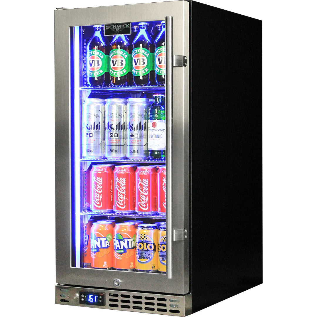 Schmick Stainless Quiet Running Front Venting Under Bench Heated Glass Door Bar Fridge Model SK92L-HD