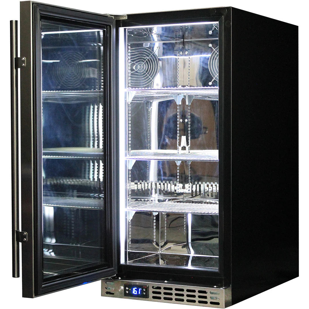 Schmick Stainless Quiet Running Front Venting Under Bench Heated Glass Door Bar Fridge Model SK92L-HD